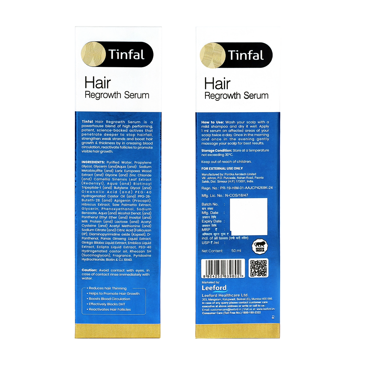 Front and back views of tinfal hair regrowth serum packaging boxes 