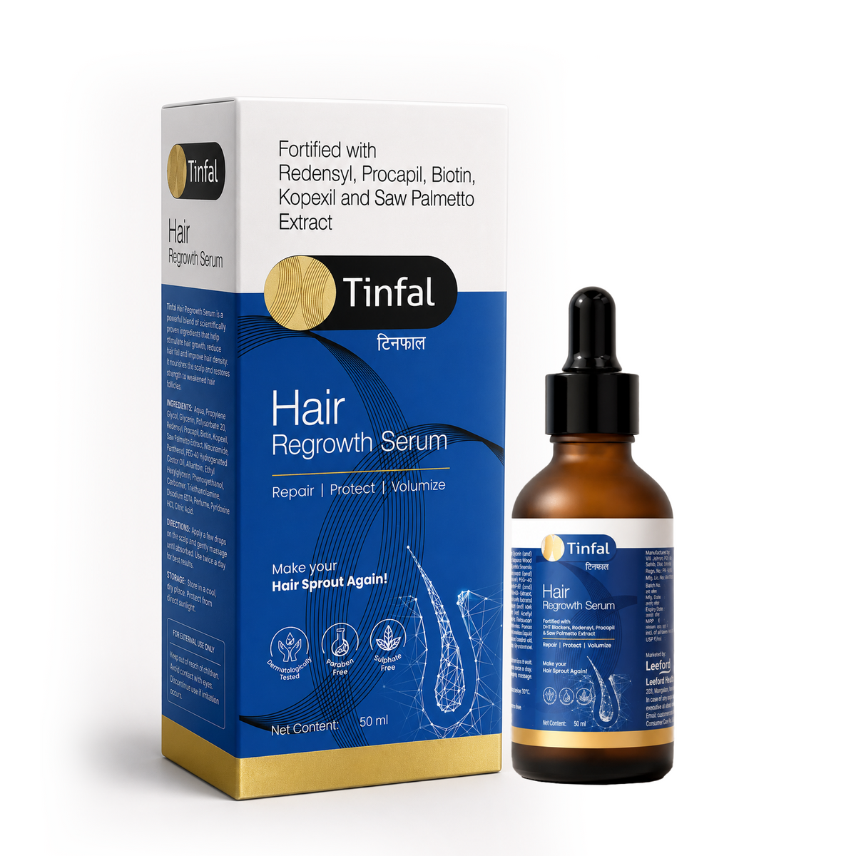 Tinfal hair regrowth serum shown with its retail box and a 50 ml dropper bottle 