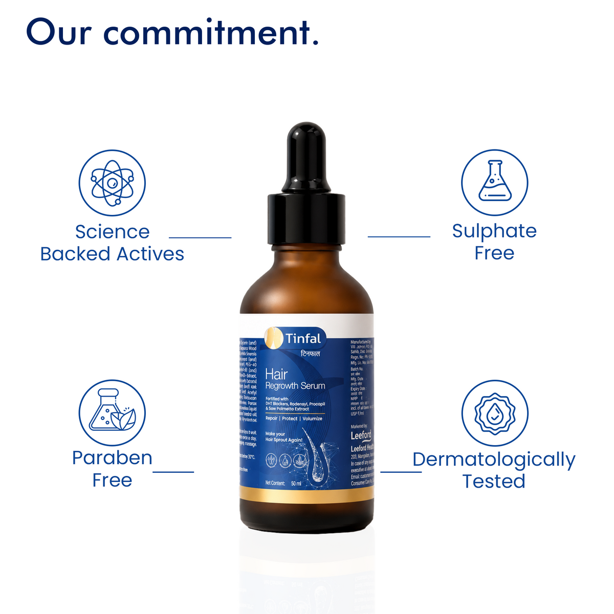 A bottle of tinfal regrowth hair serum centered on a white background 