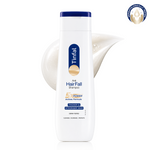 A white bottle of tinfal  anti hair fall shampoo with a dark blue cap