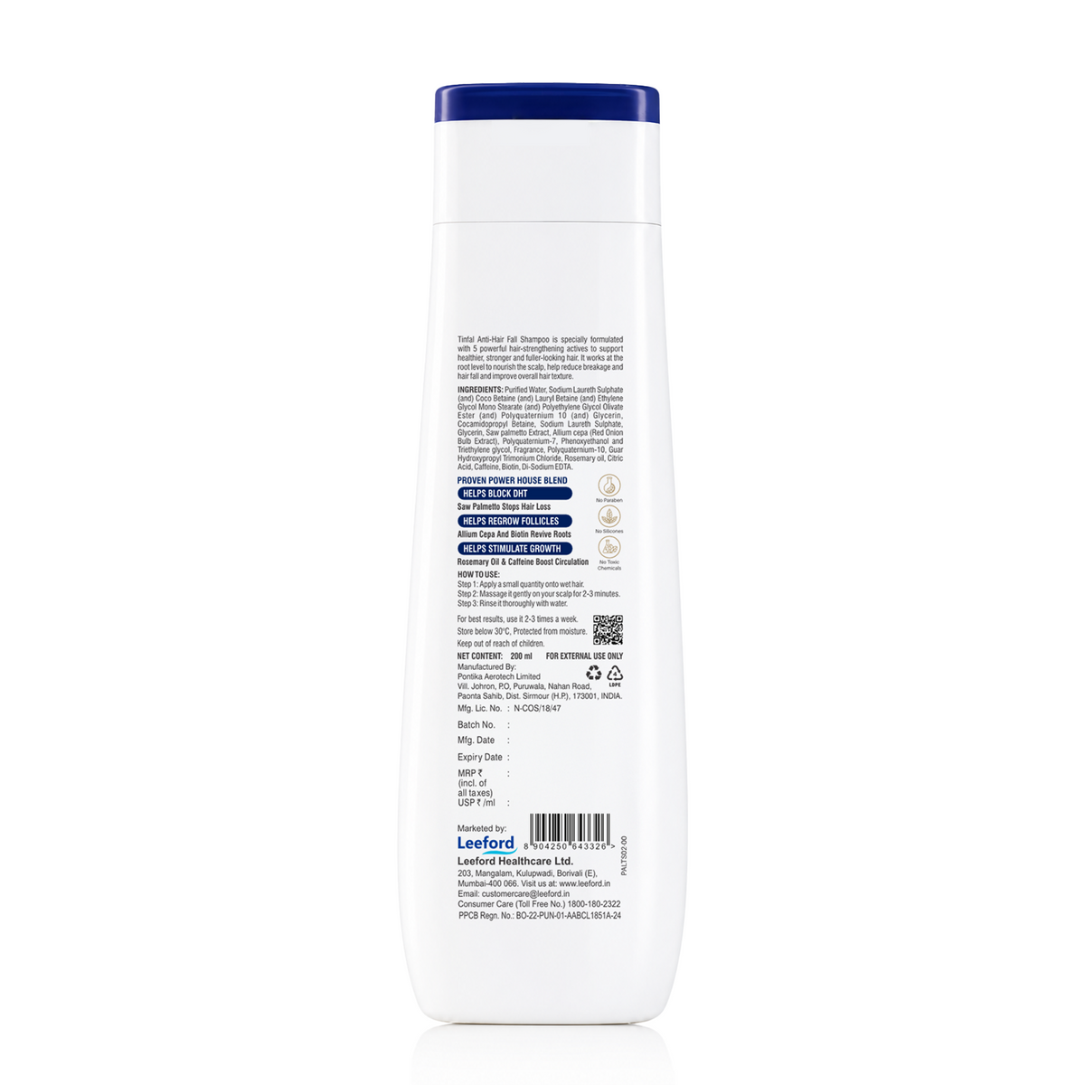 The back of a tall white plastic bottle with a dark blue cap