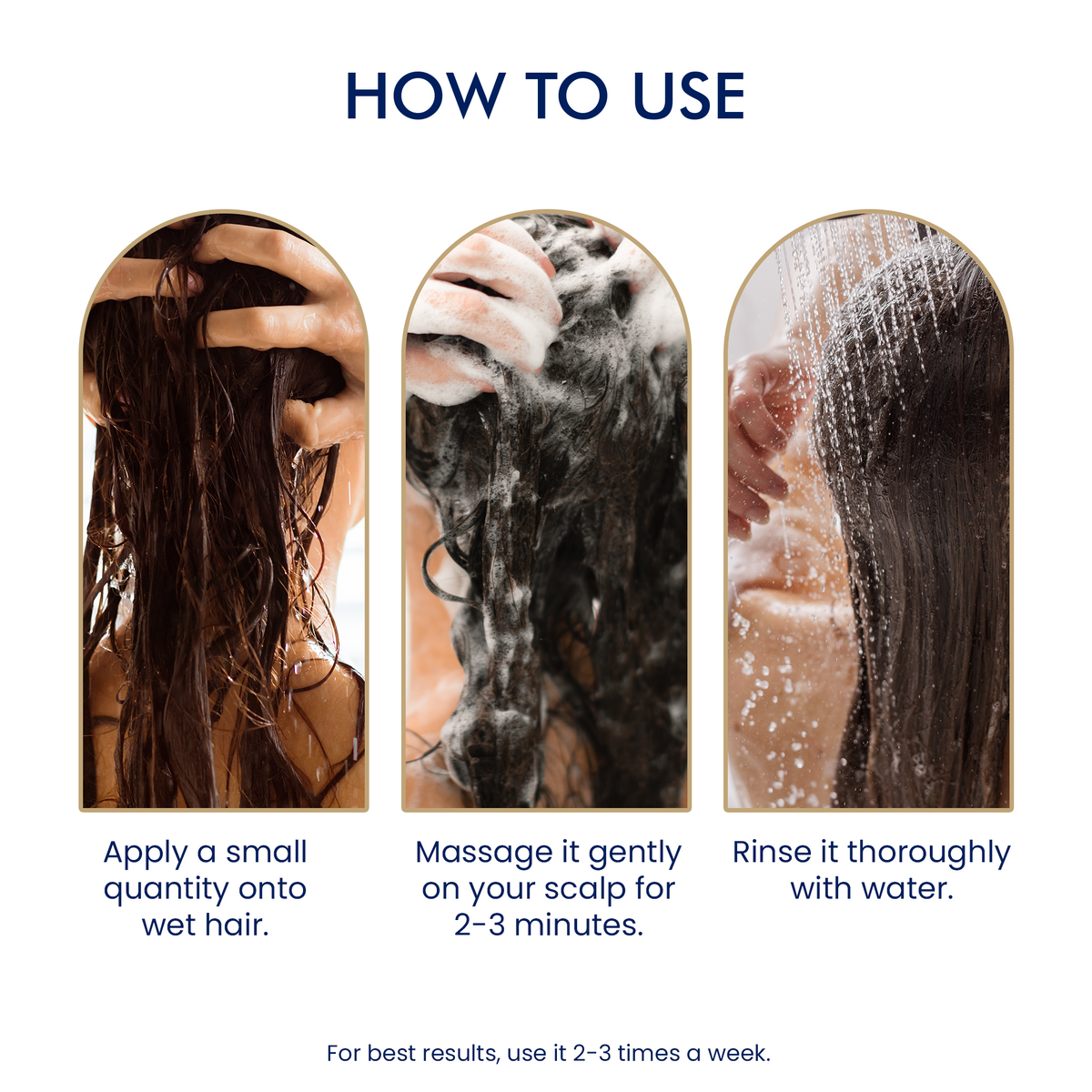 3 step visual instructions on how to use shampoo