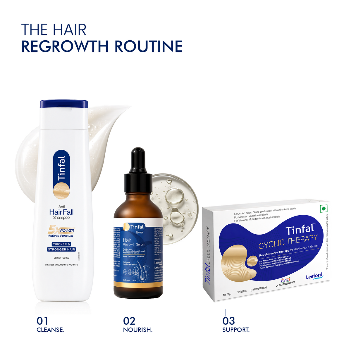 Three tinfal hair care products arranged on a white background 
