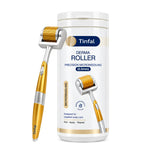 A Tinfal derma roller microneedling tool with a gold and silver handle