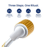 Close-up of a gold microneedle derma roller head with four step-by-step icons 