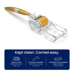 Gold Tinfal derma roller inside an open clear plastic protective case with feature callouts.