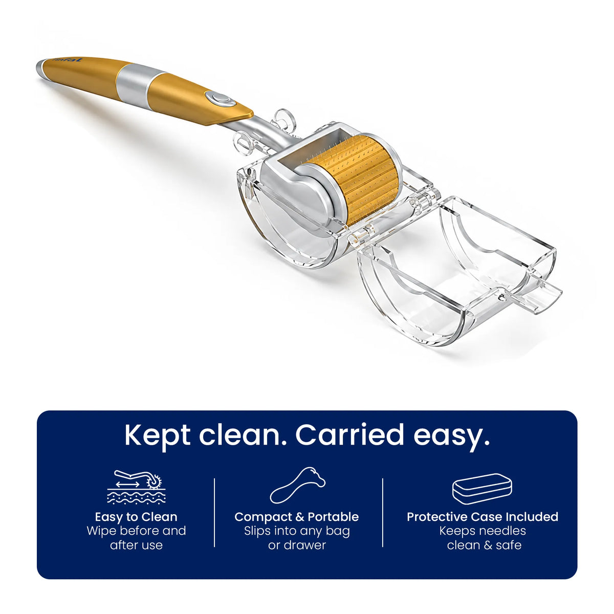 Gold Tinfal derma roller inside an open clear plastic protective case with feature callouts.
