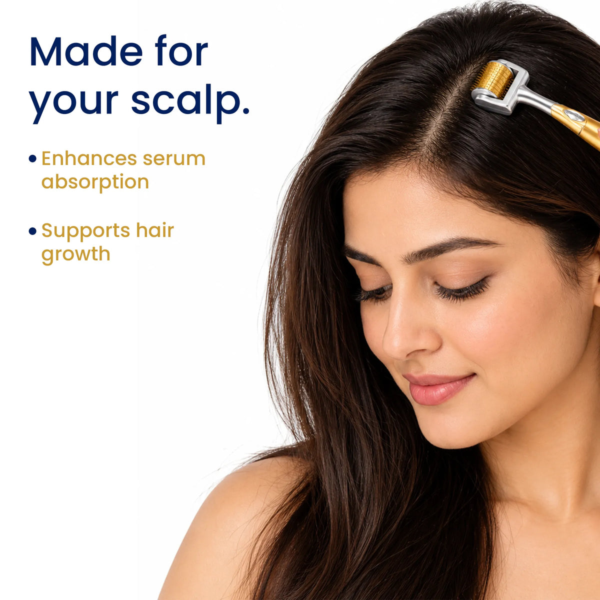 A close-up of a woman with long dark brown hair using a derma roller on her scalp