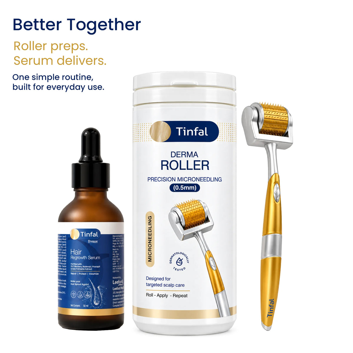 Tinfal hair regrowth serum bottle alongside tinfal derma roller 