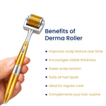 A hand holds a gold and silver derma roller tool against a white background