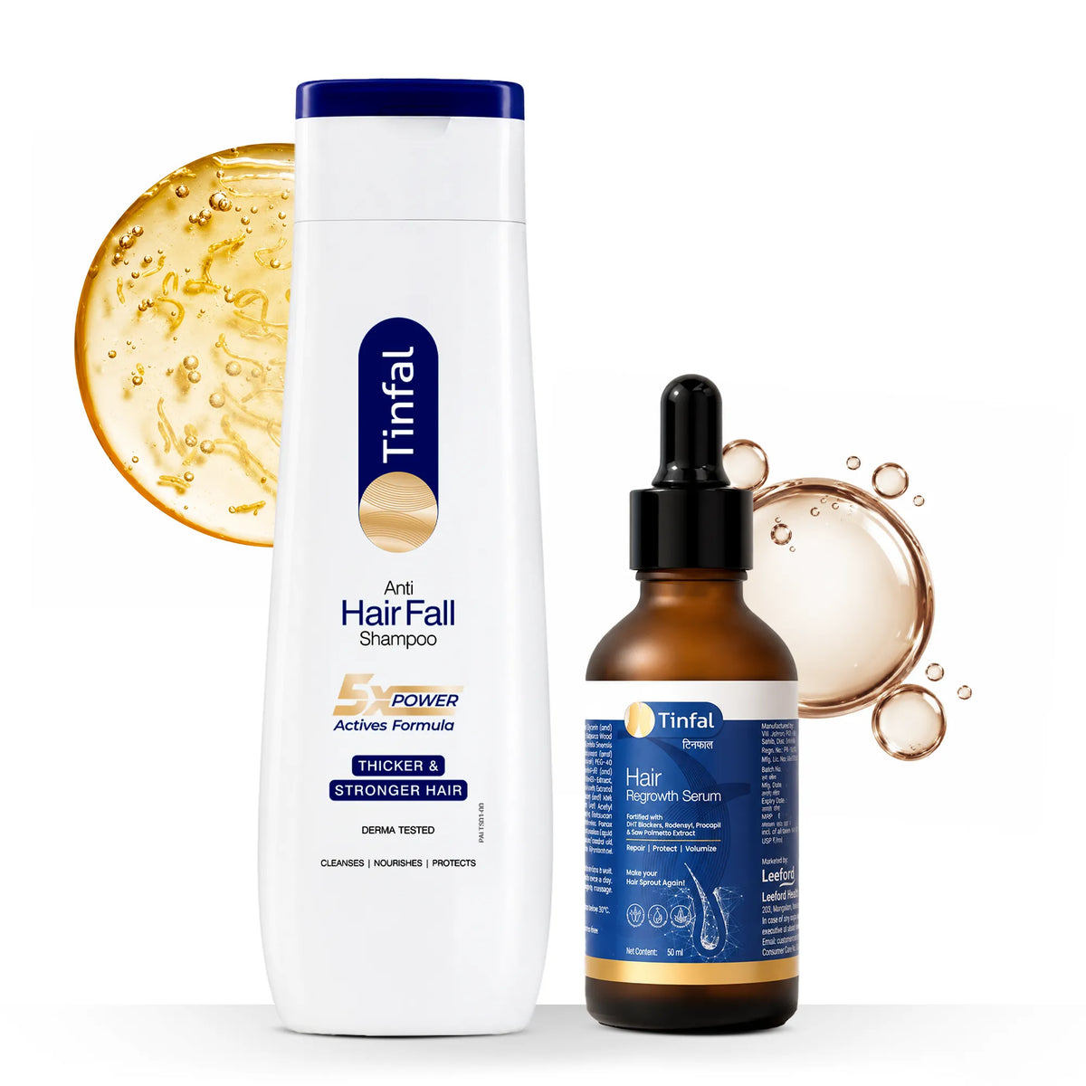 Tinfal anti hair fall shampoo bottle standing next to Tinfal hair regrowth serum bottle