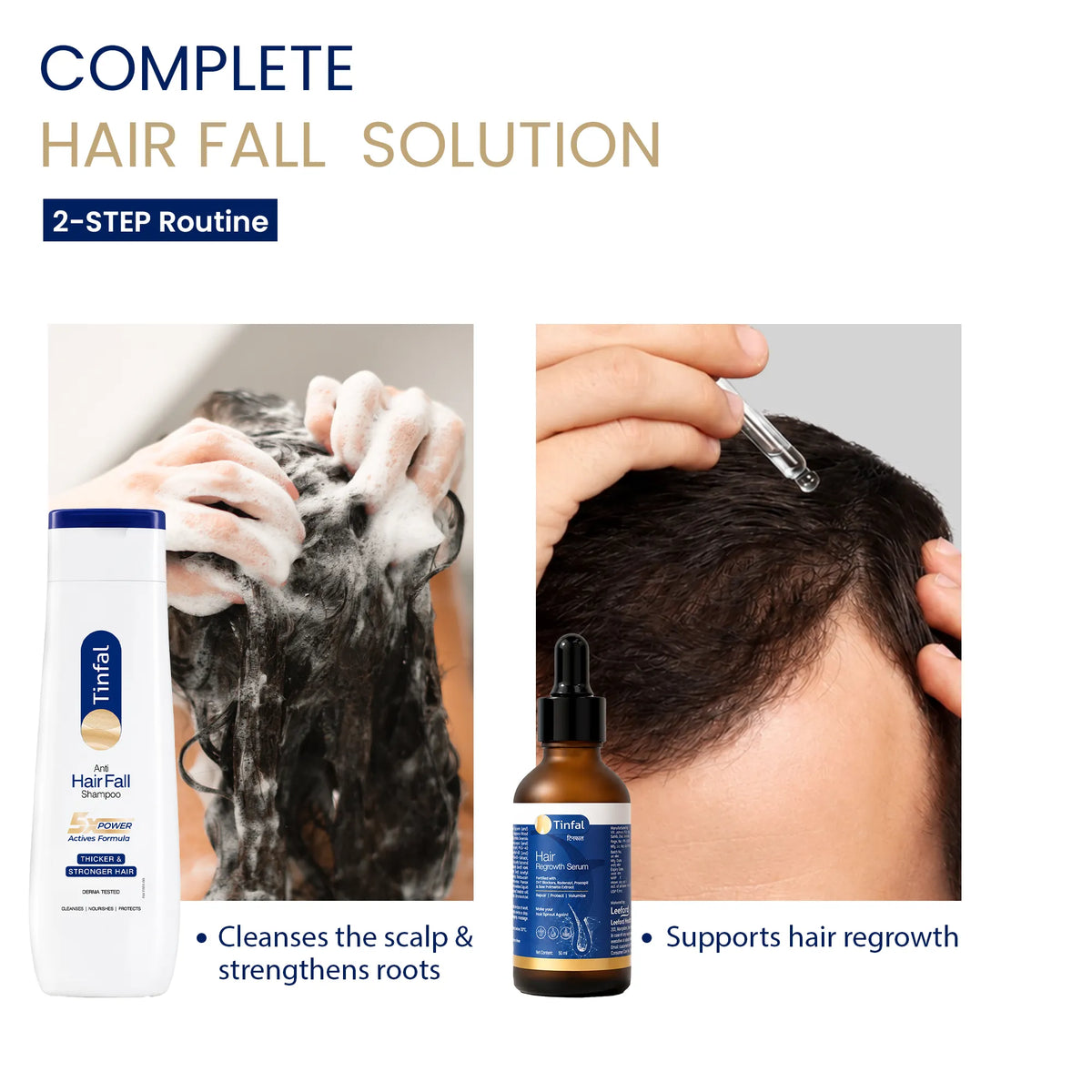 Promotional graphic for a hair fall solution showing two inset photos