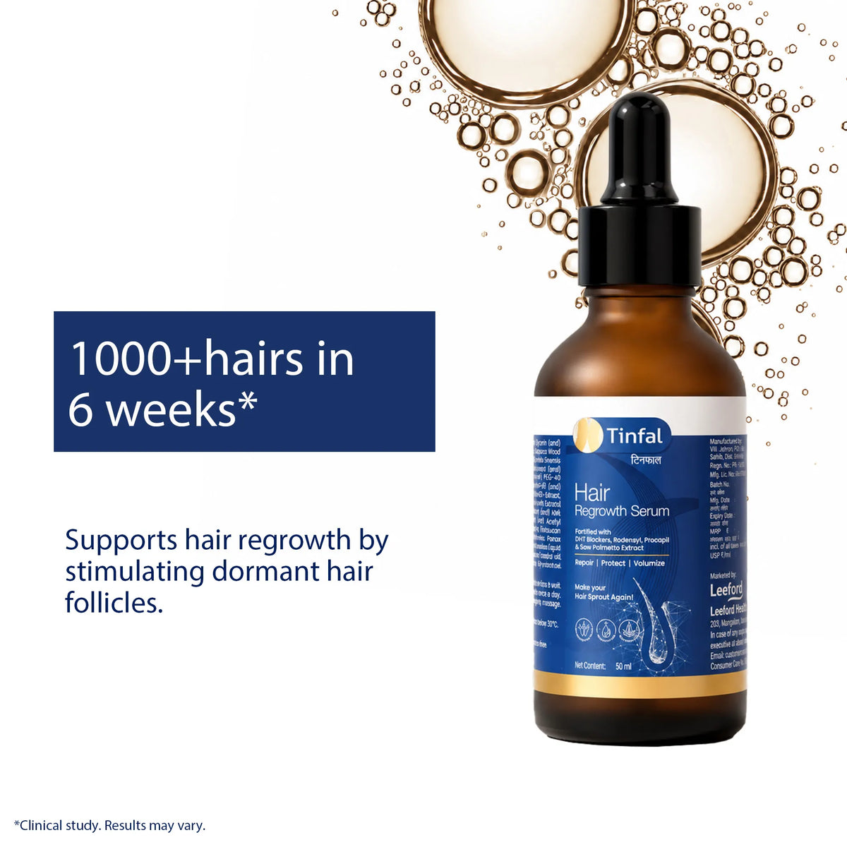 Tinfal hair regrowth serum bottle claiming 1000+ hairs in 6 weeks