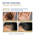 Before and after comparison showing reduced hair fall and increased hair density