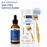 Tinfal Hair Regrowth Serum bottle next to a Tinfal Derma Roller 