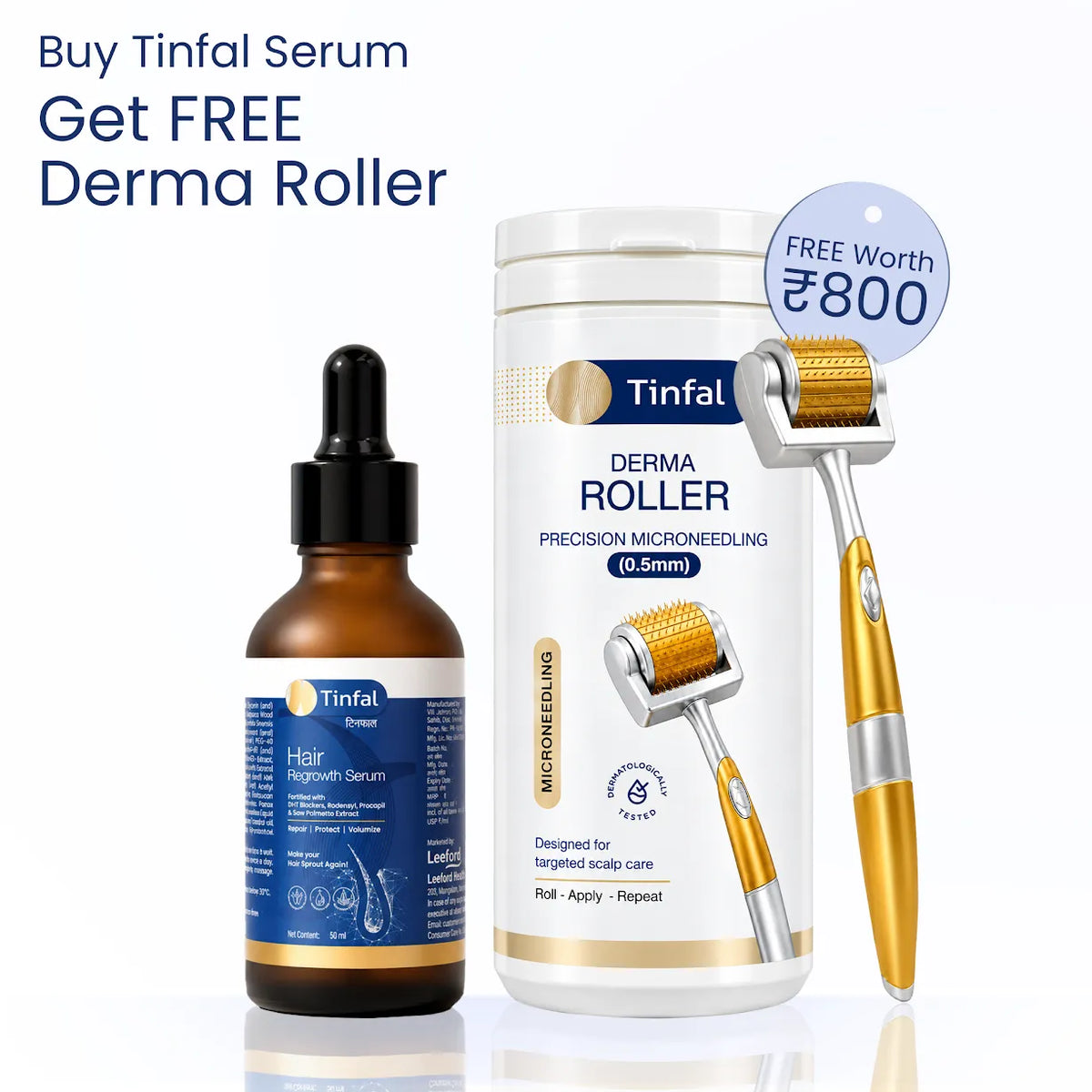 Tinfal Hair Regrowth Serum bottle next to a Tinfal Derma Roller 